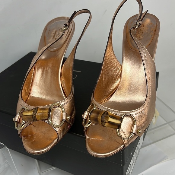 Gucci Sz 7 B Rosegold Rose Gold Leather Slingback Bamboo Horse Bit Heels - Picture 3 of 12